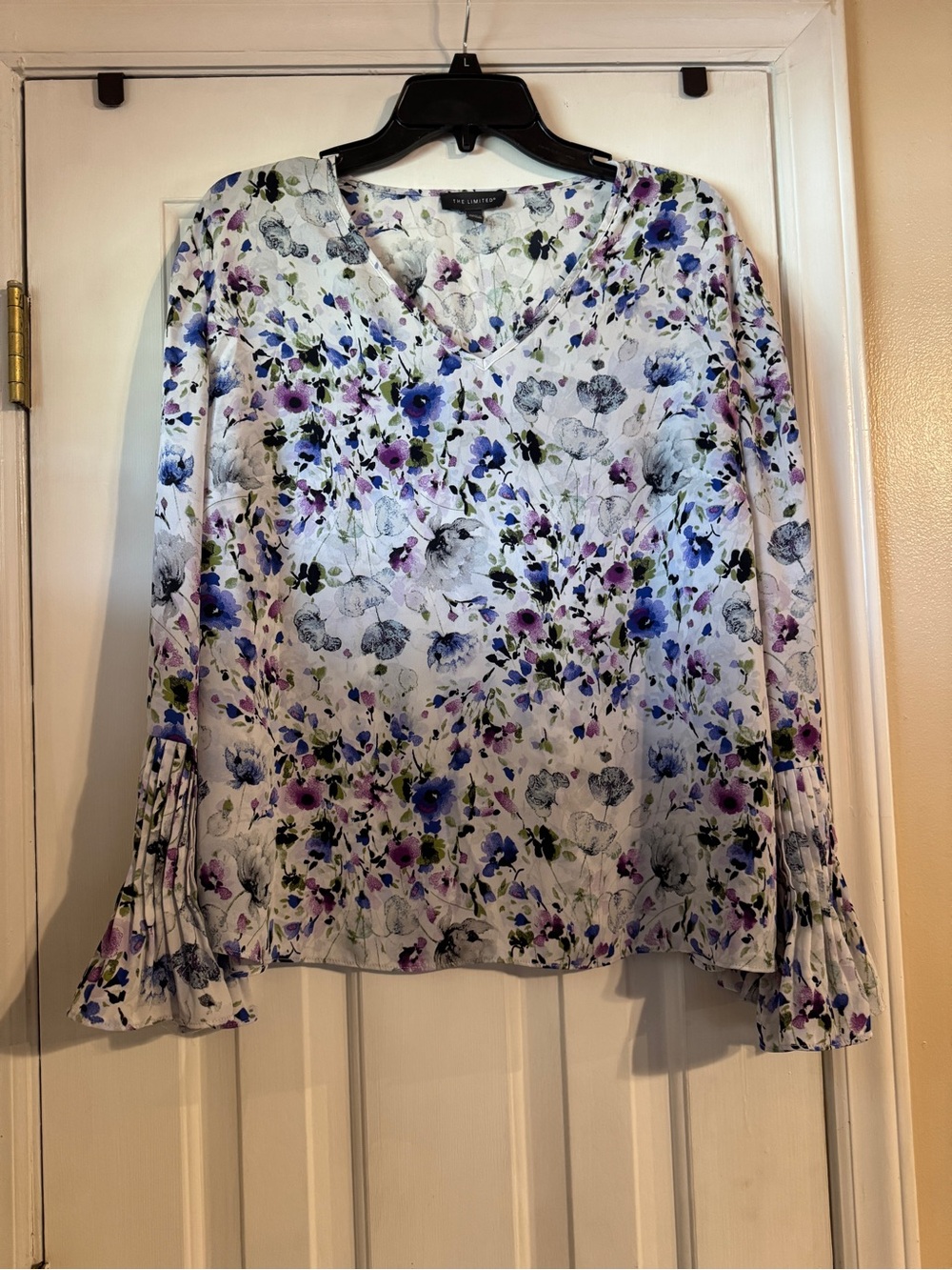 The Limited Floral V-Neck Blouse in White with Purple & Blue Blossoms